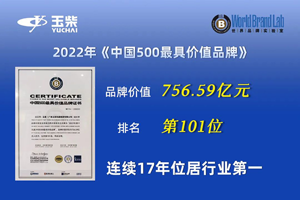 2022年《中國500最具價值品牌》揭曉，玉柴品牌連續17年領跑內燃機行業?